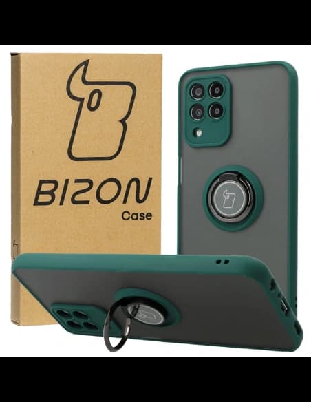 Etui z uchwytem na palec Bizon Case Hybrid Ring do Galaxy M33 5G, przydymione z ciemnozieloną ramką