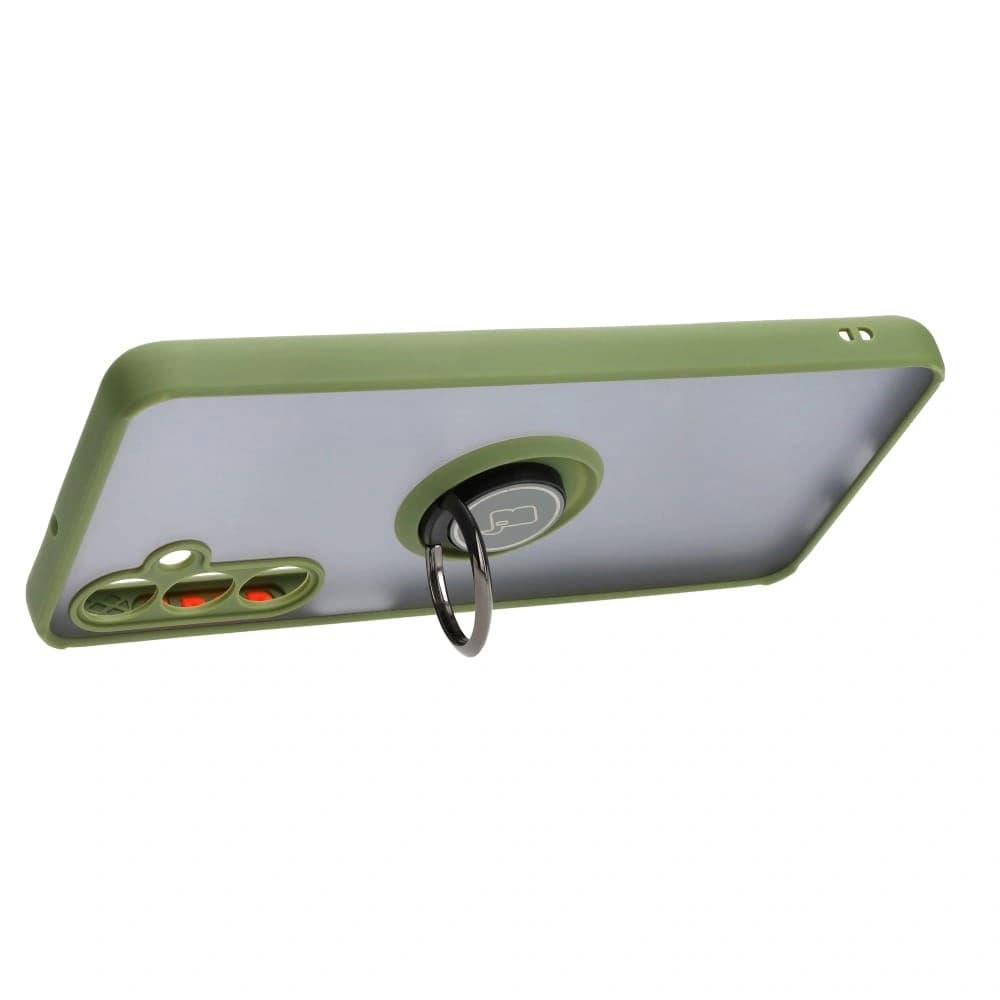Etui z uchwytem na palec Bizon Case Hybrid Ring do Galaxy M54 5G, przydymione z zieloną ramką - 5