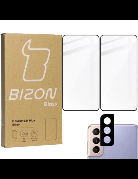 Bizon Glass Edge 2x gehärtetes Glas + Linsenschutz Samsung Galaxy S21 Plus 5G schwarz