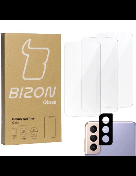 Bizon Glas Klar gehärtetes Glas - 3 Stk. + Linsenglas Samsung Galaxy S21 Plus 5G