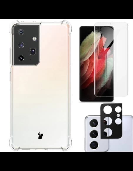 Etui + 2x folia + obiektyw Bizon Case Clear Pack do Samsung Galaxy S21 Ultra przezroczyste