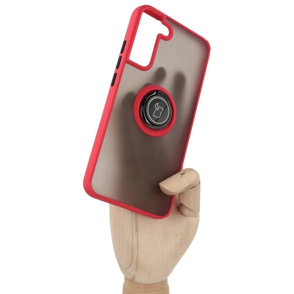 Bizon Case Hybrid Ring Samsung Galaxy S22 Plus füstös piros kerettel