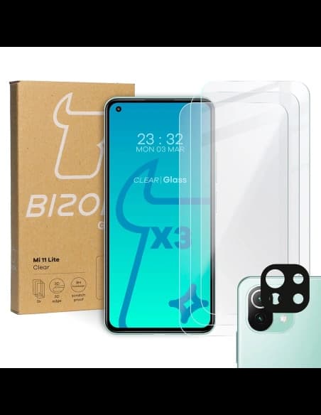 Bizon Glas Klar gehärtetes Glas - 3 Stück + Linsenglas Xiaomi Mi 11 Lite / 5G / 5G NE