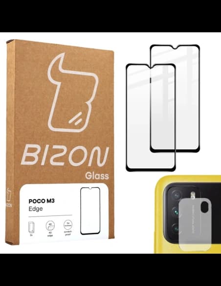Bizon Glass Edge gehärtetes Glas - [2 PACK] + Linsenschutz Xiaomi Poco M3 schwarz