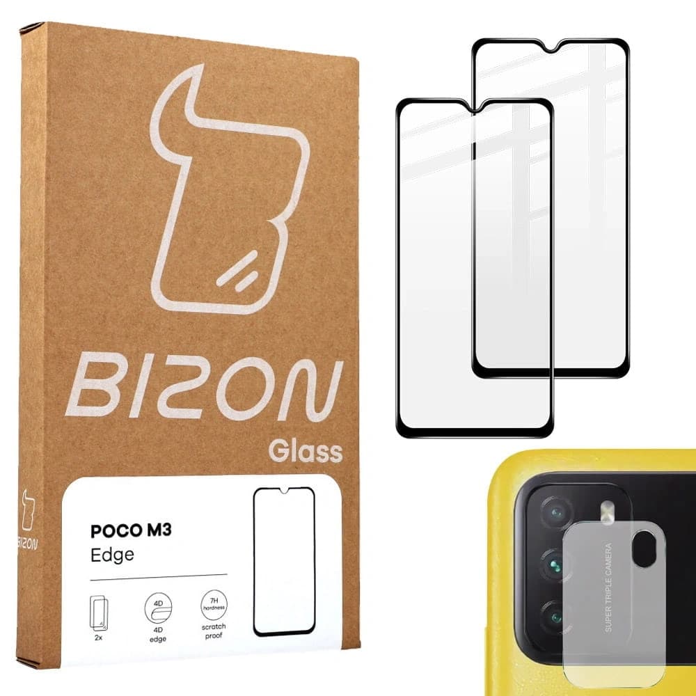 Bizon Glass Edge gehärtetes Glas - [2 PACK] + Linsenschutz Xiaomi Poco M3 schwarz - 1