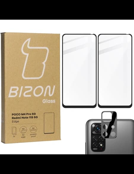 Bizon Glass Edge gehärtetes Glas - [2 PACK] + Linsenschutz Poco M4 Pro 5G / Redmi Note 11S 5G schwarz