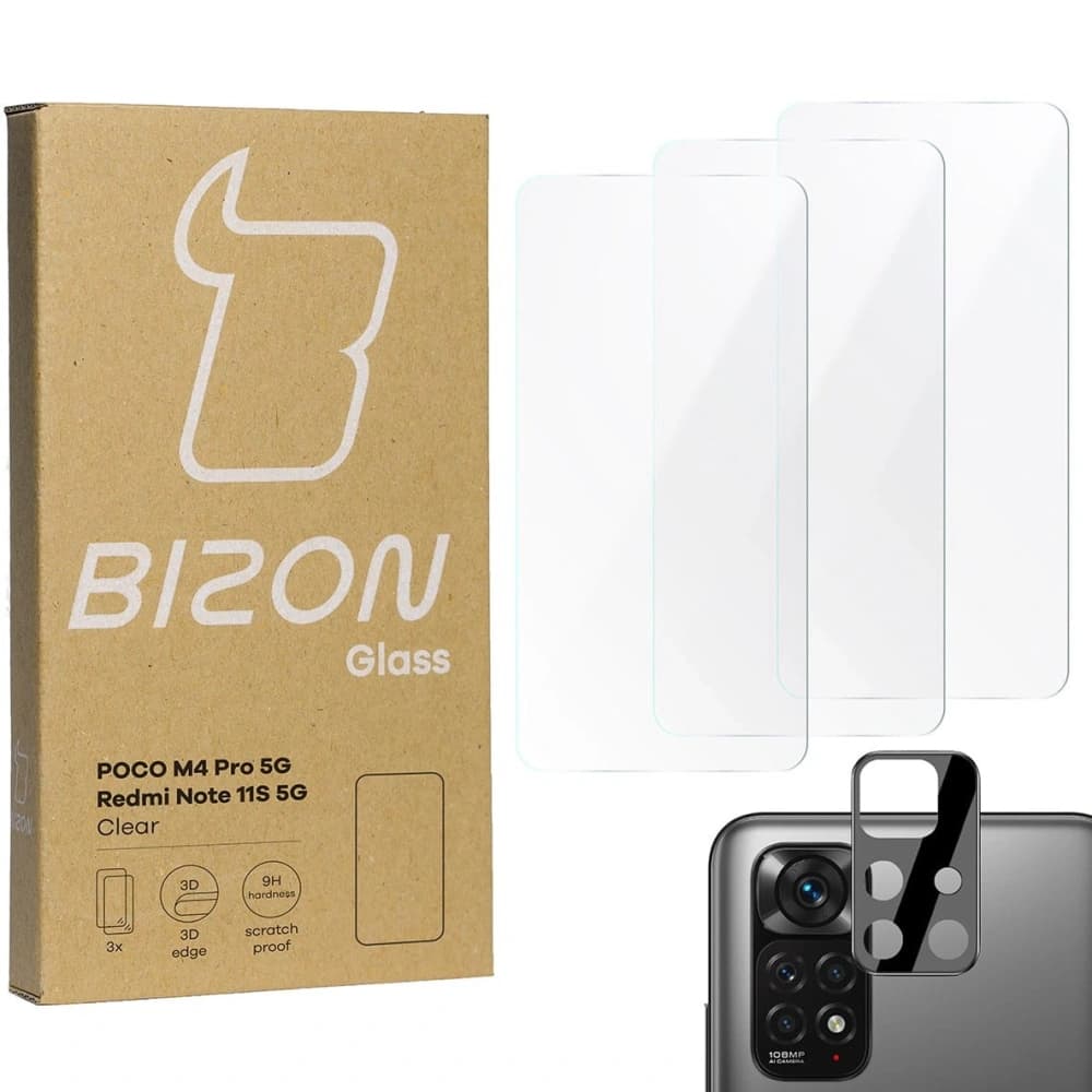Bizon Glas Klar gehärtetes Glas - 3 Stück. + Linsen Glas Poco M4 Pro 5G / Redmi Note 11S 5G