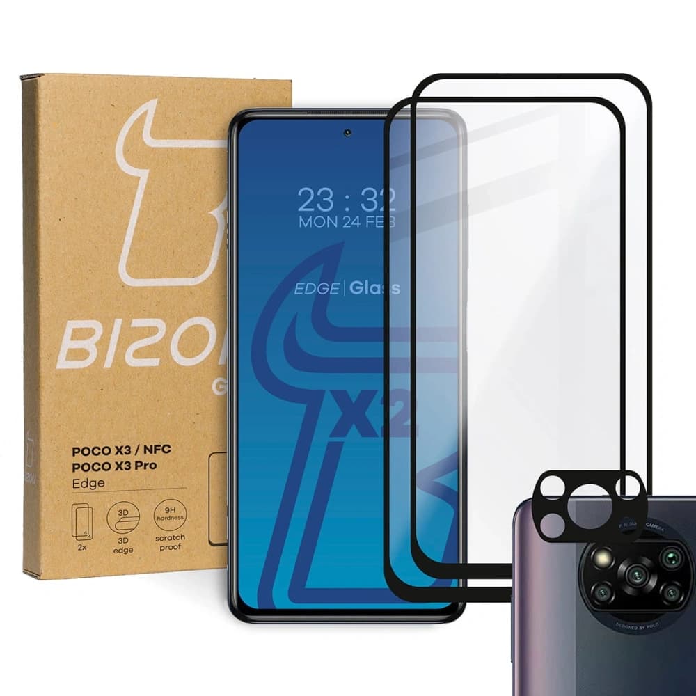 Bizon Glass Edge gehärtetes Glas - [2 PACK] + Linsenschutz Xiaomi Poco X3 / NFC / PRO schwarz - 1