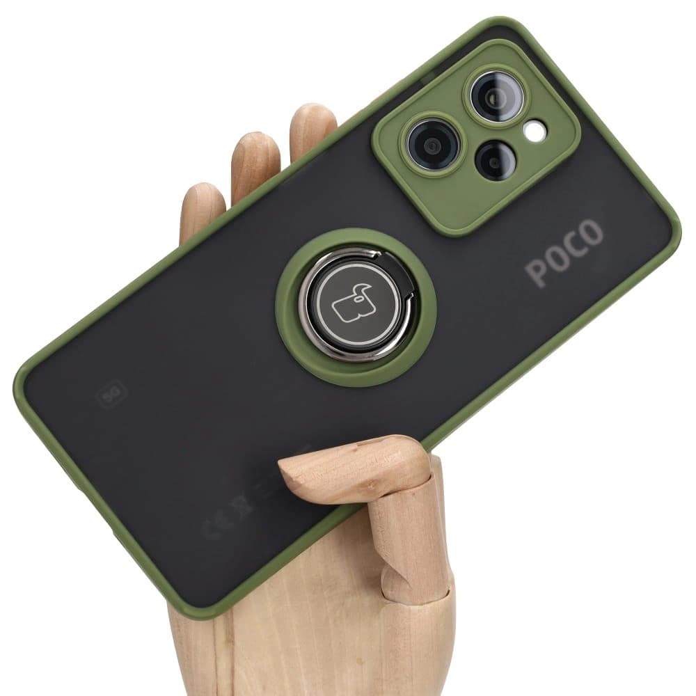 Bizon Case Hybrid Ring Xiaomi Poco X5 Pro fumos cu un cadru verde - 1