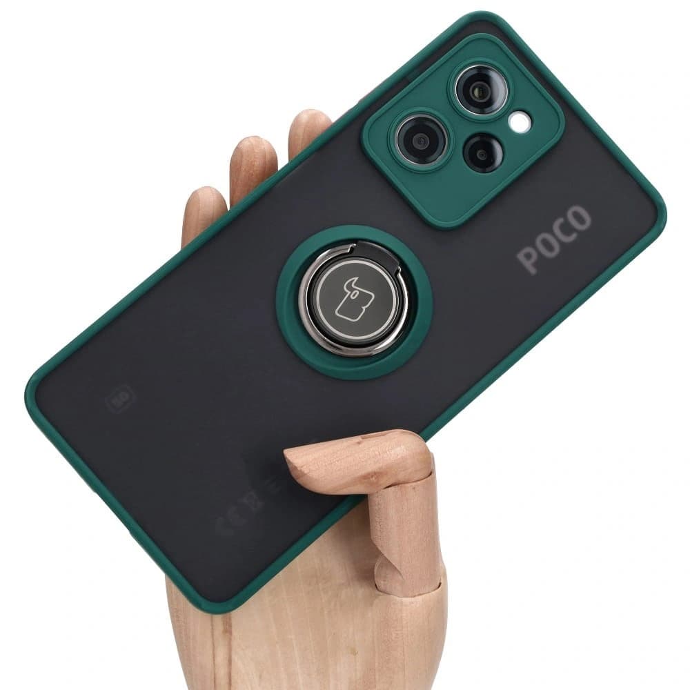 Bizon Case Hybrid Ring Xiaomi Poco X5 Pro fumuriu cu un cadru verde închis - 1