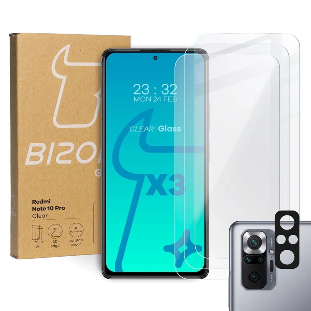 Bizon üveg tiszta edzett üveg - 3 db. + lencse üveg Redmi Note 10 Pro-hoz
