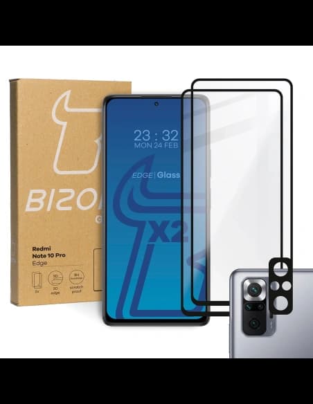 Bizon Glass Edge edzett üveg - [2 PACK] + lencsevédő Redmi Note 10 Pro fekete