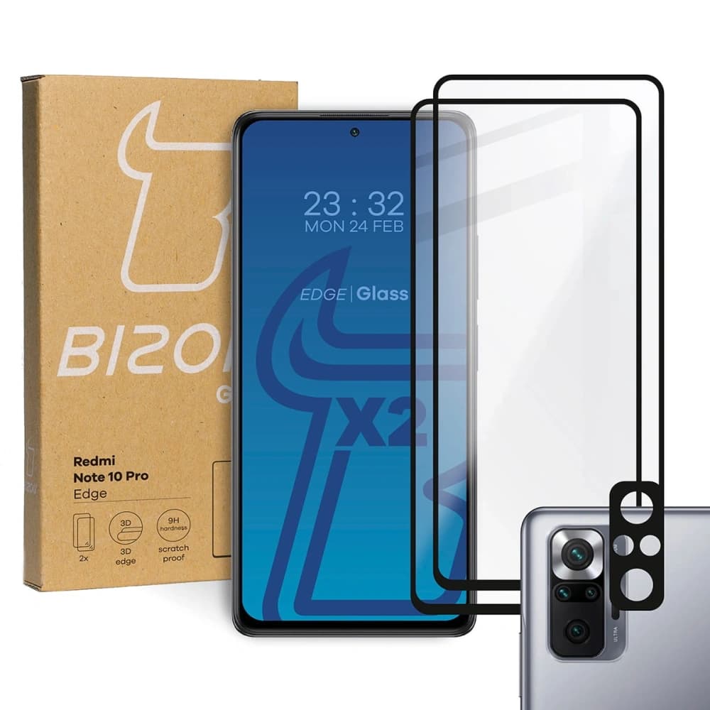 Bizon Glass Edge edzett üveg - [2 PACK] + lencsevédő Redmi Note 10 Pro fekete - 1