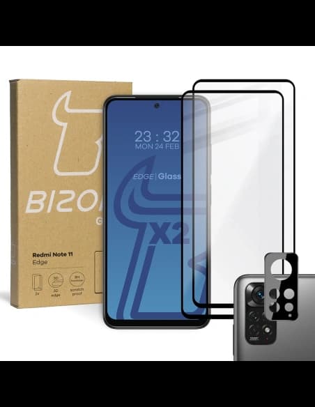 Bizon Glass Edge gehärtetes Glas - [2 PACK] + Linsenschutz für Redmi Note 11 schwarz