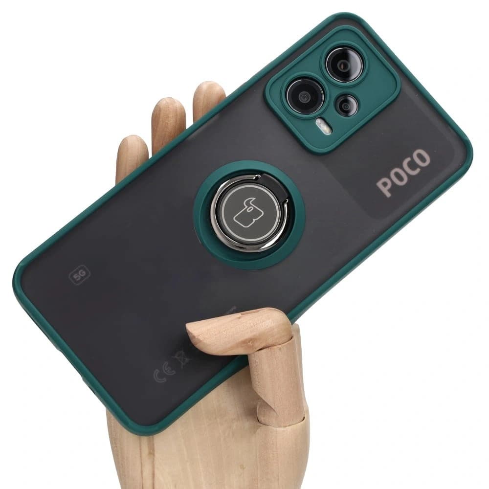 Bizon Case Hybrid Ring Xiaomi Poco X5 / Redmi Note 12 5G fumuriu cu un cadru verde închis