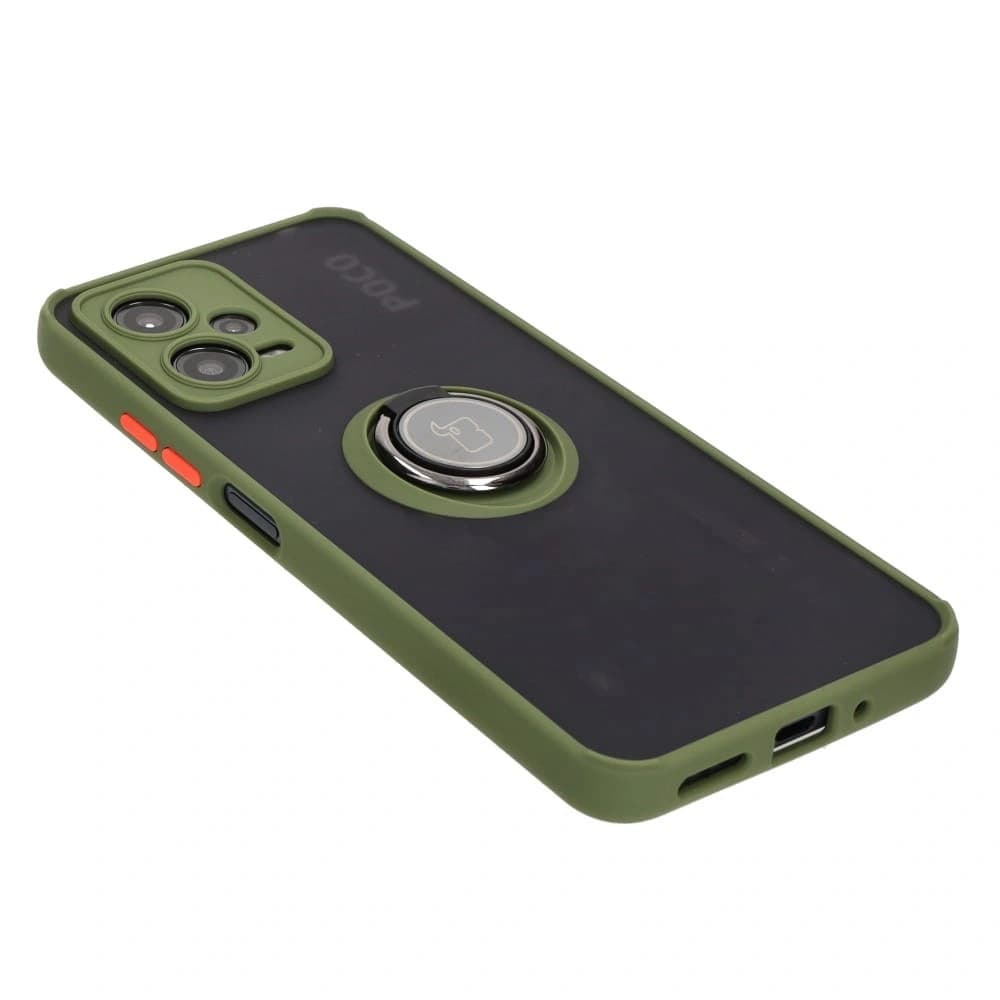 Etui s úchytem na prst Bizon Case Hybrid Ring do Xiaomi Poco X5 / Redmi Note 12 5G kouřové se zeleným rámečkem - 4