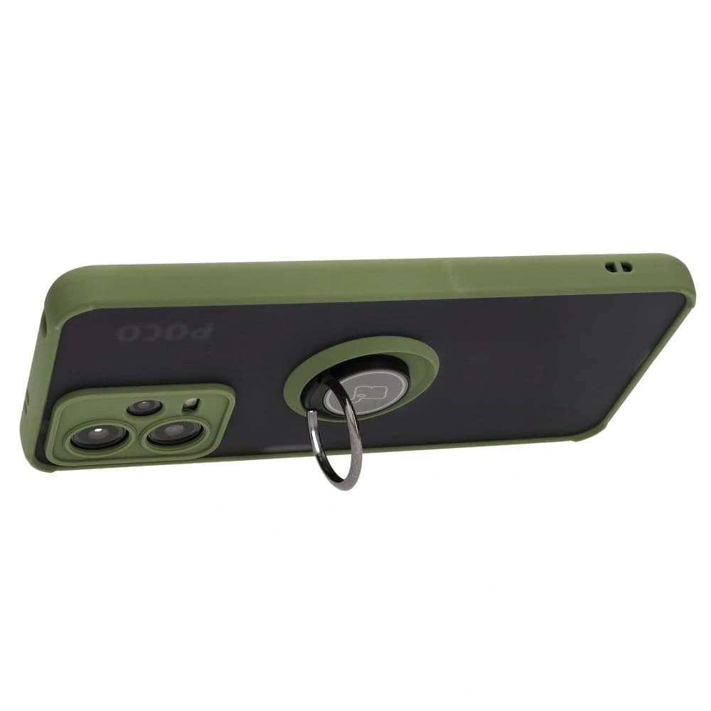 Etui s úchytem na prst Bizon Case Hybrid Ring do Xiaomi Poco X5 / Redmi Note 12 5G kouřové se zeleným rámečkem - 5