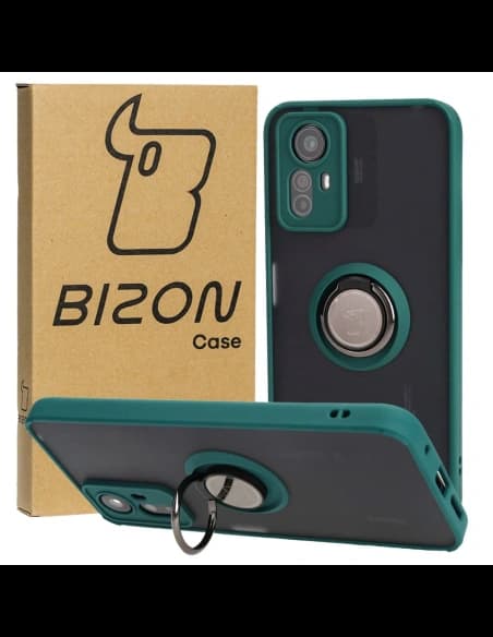 Etui s úchytem na prst Bizon Case Hybrid Ring pro Xiaomi Redmi Note 12S kouřové s tmavě zeleným rámem