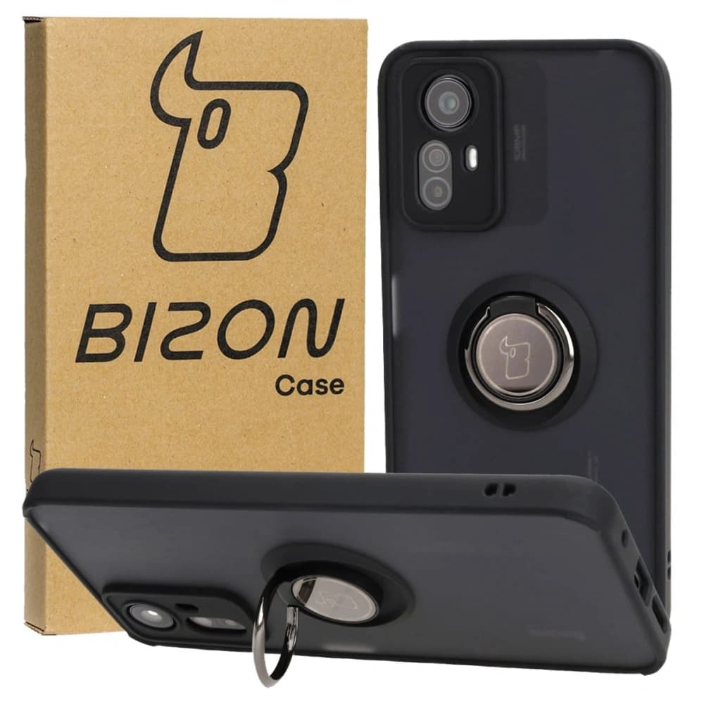 Etui s úchytem na prst Bizon Case Hybrid Ring pro Xiaomi Redmi Note 12S kouřové s černým rámečkem