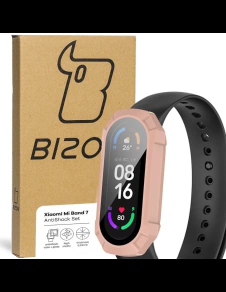 Etui se sklem Bizon Case AntiShock Set Xiaomi Mi Band 7 světle růžové