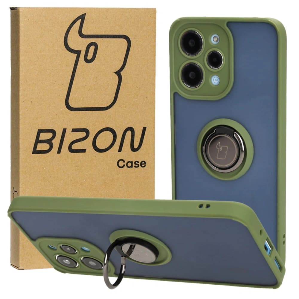 Etui z uchwytem na palec Bizon Case Hybrid Ring do Xiaomi Redmi 12 kouřové se zeleným rámečkem