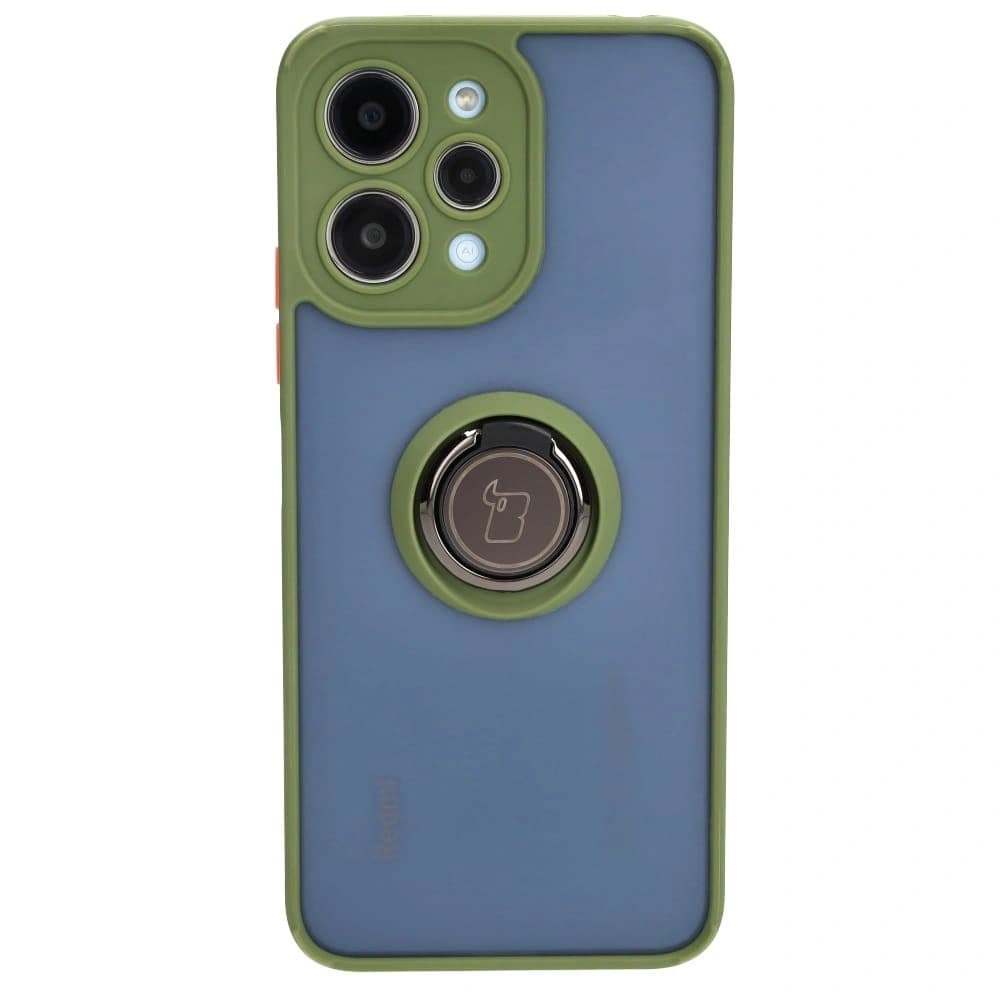 Etui z uchwytem na palec Bizon Case Hybrid Ring do Xiaomi Redmi 12 kouřové se zeleným rámečkem - 2