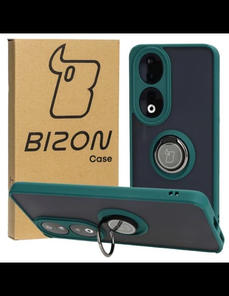 Pouzdro s prstovým držákem Bizon Case Hybrid Ring pro Honor 90 kouřové s tmavě zeleným rámečkem
