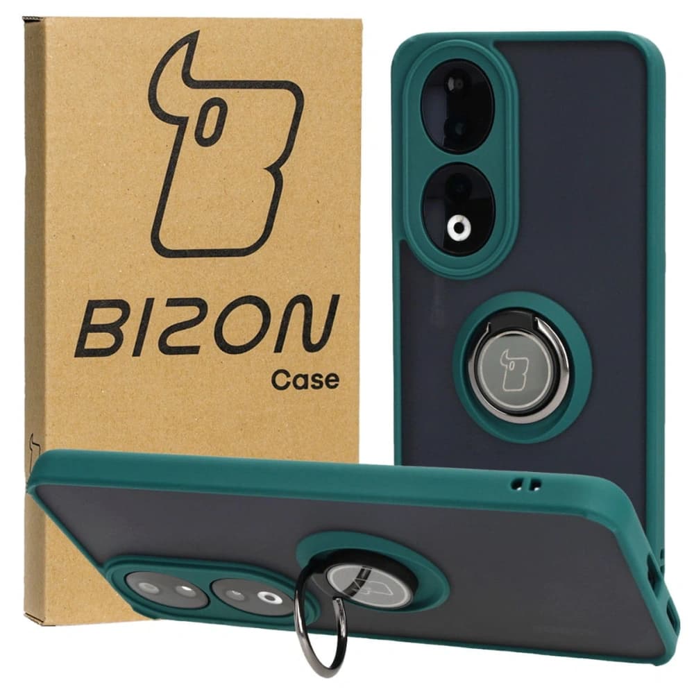 Pouzdro s prstovým držákem Bizon Case Hybrid Ring pro Honor 90 kouřové s tmavě zeleným rámečkem - 1