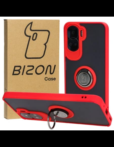 Etui s úchopem na prst Bizon Case Hybrid Ring pro Honor 90 Lite kouřové s červeným rámem