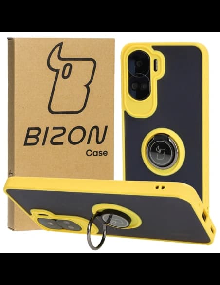 Etui s držákem na prst Bizon Case Hybrid Ring pro Honor 90 Lite kouřové se žlutým rámem