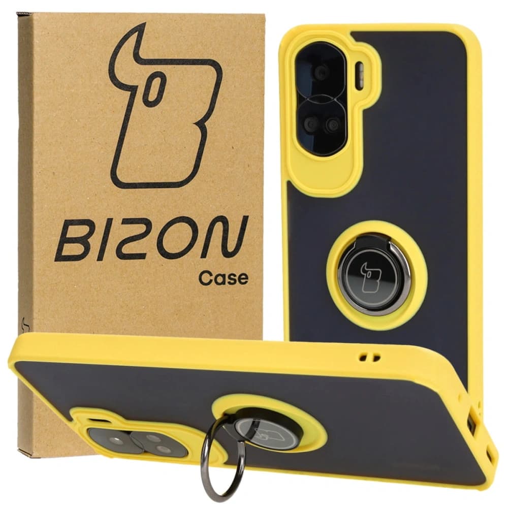 Etui s držákem na prst Bizon Case Hybrid Ring pro Honor 90 Lite kouřové se žlutým rámem - 1