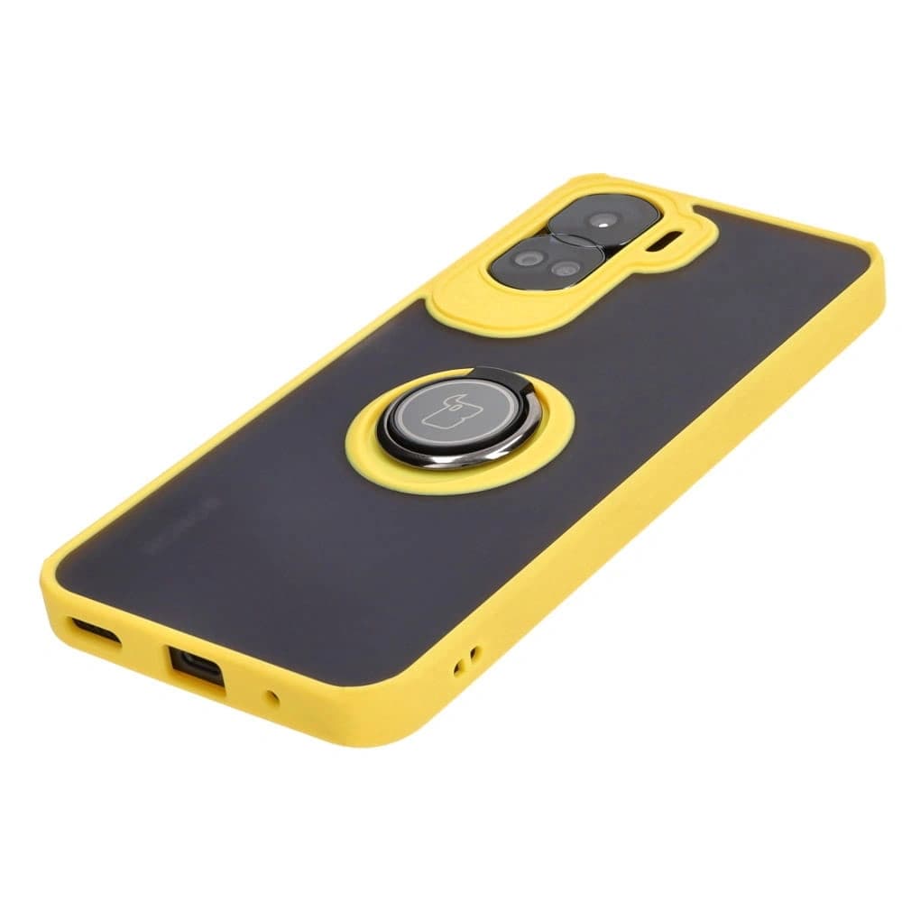 Etui s držákem na prst Bizon Case Hybrid Ring pro Honor 90 Lite kouřové se žlutým rámem - 3