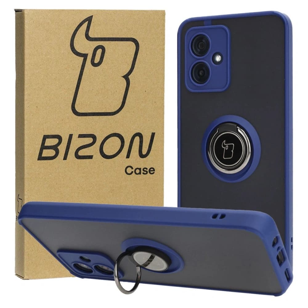 Etui z uchwytem na palec Bizon Case Hybrid Ring do Motorola Moto G54 5G kouřové s modrým rámečkem