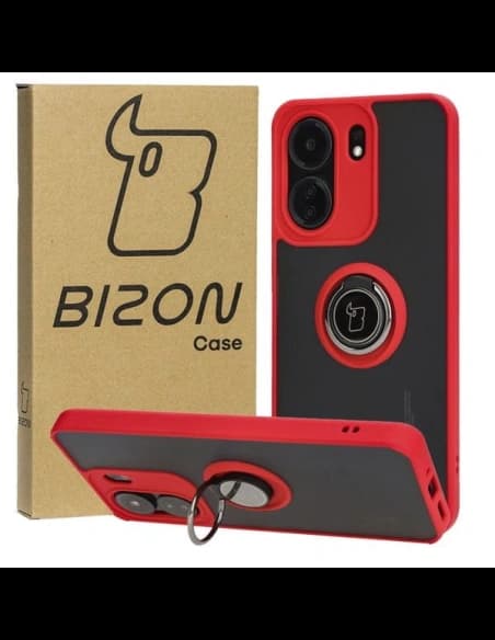 Etui s úchytem na prst Bizon Case Hybrid Ring pro Xiaomi Redmi 13C / Xiaomi Poco C65 kouřové s červeným rámečkem