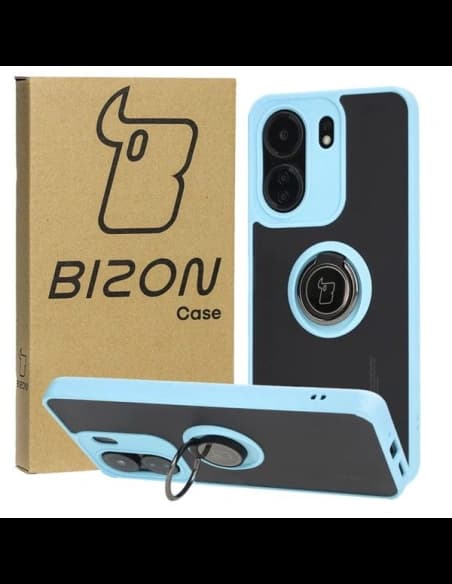 Etui s úchopem na prst Bizon Case Hybrid Ring pro Xiaomi Redmi 13C / Xiaomi Poco C65 kouřové s jasně modrým rámečkem