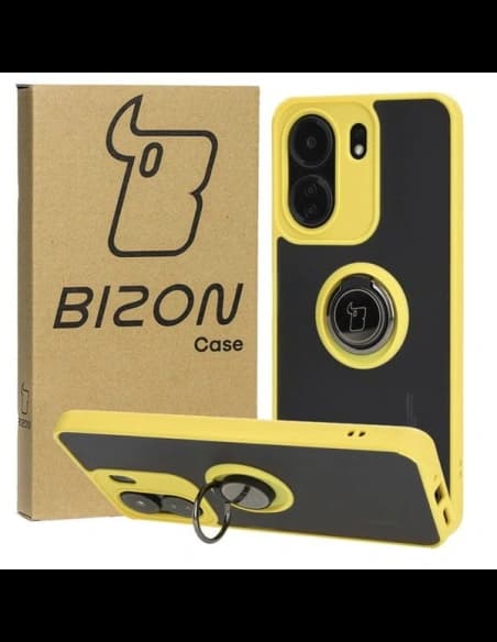 Etui z uchwytem na palec Bizon Case Hybrid Ring do Xiaomi Redmi 13C / Xiaomi Poco C65 kouřové se žlutým rámečkem