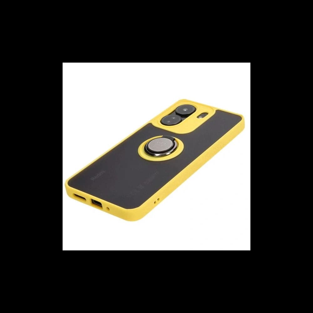 Etui z uchwytem na palec Bizon Case Hybrid Ring do Xiaomi Redmi 13C / Xiaomi Poco C65 kouřové se žlutým rámečkem - 3