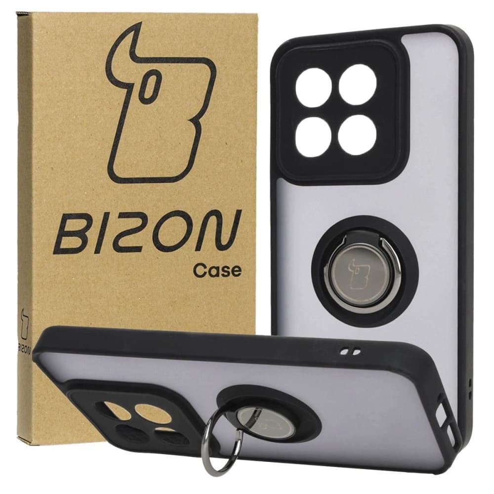 Etui s úchopem na prst Bizon Case Hybrid Ring pro Xiaomi 14 kouřové s černým rámečkem