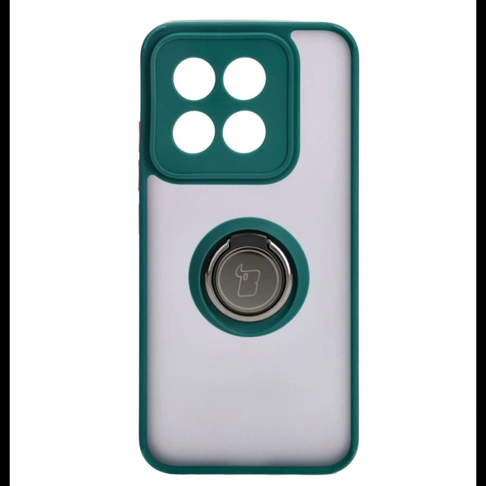 Etui s úchytem na prst Bizon Case Hybrid Ring do Xiaomi 14 kouřové s tmavě zeleným rámem - 2