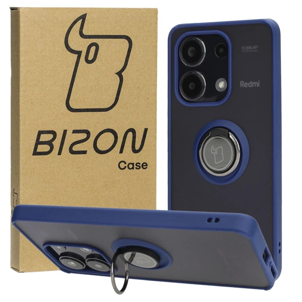 Etui s úchytem na prst Bizon Case Hybrid Ring pro Xiaomi Redmi Note 13 4G kouřové s modrým rámečkem - 1