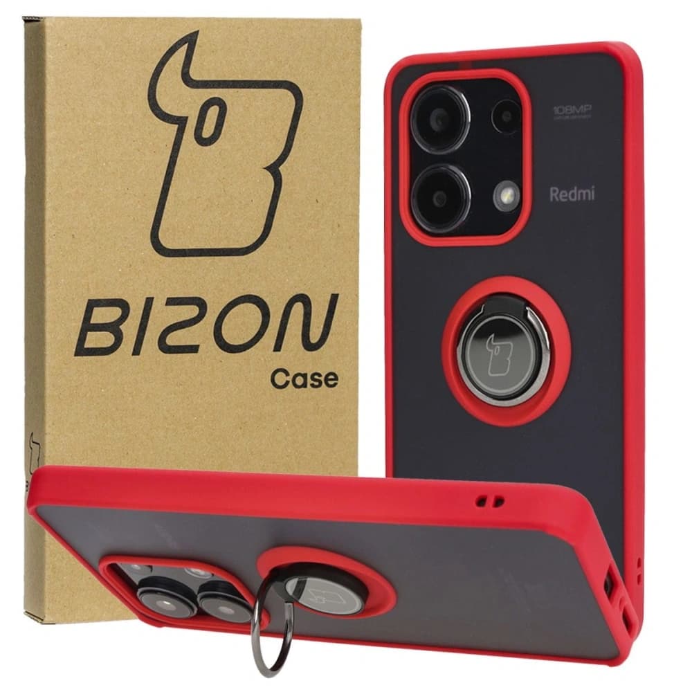 Etui s úchytem na prst Bizon Case Hybrid Ring pro Xiaomi Redmi Note 13 4G kouřové s červeným rámečkem