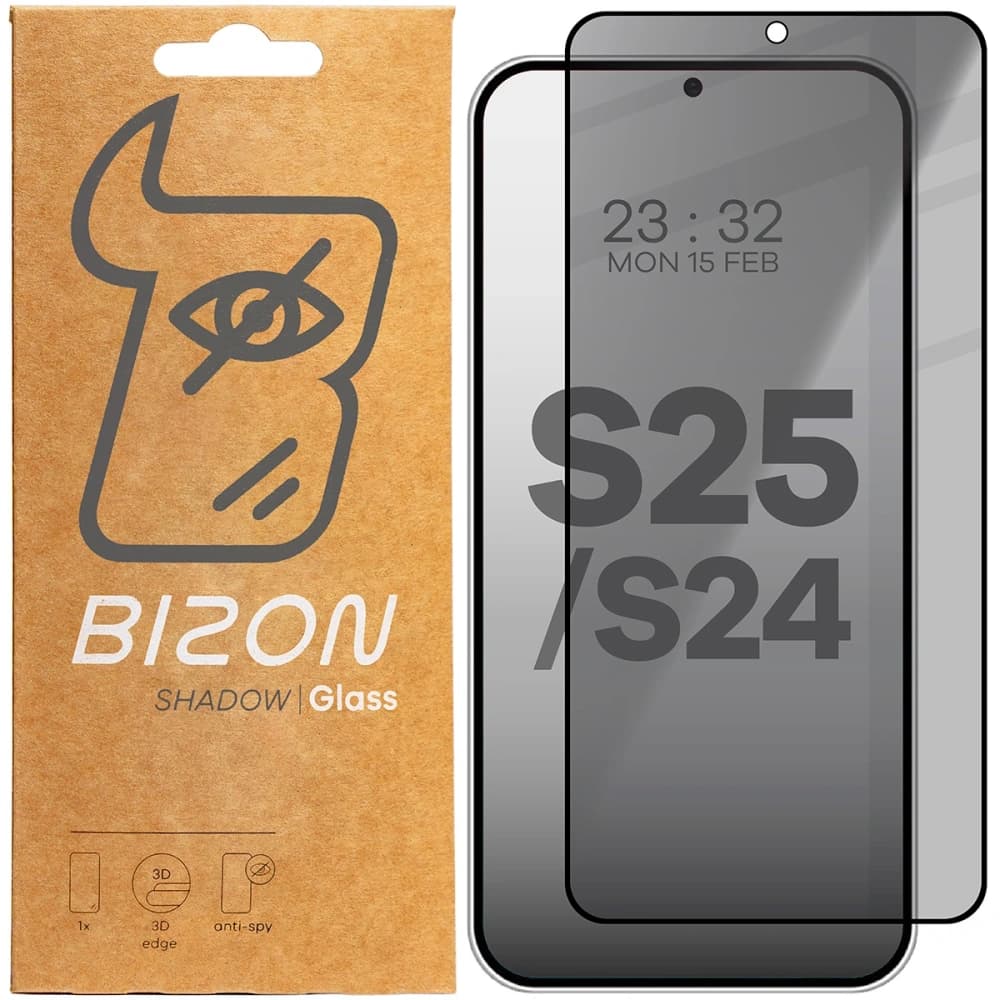 Prywatyzující tvrzené sklo Bizon Glass Edge Shadow pro Samsung Galaxy S25/S24 z černým rámečkem.