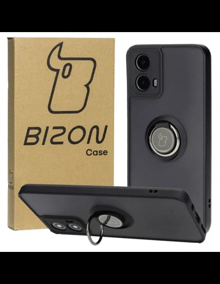 Etui z uchwytem na palec Bizon Case Hybrid Ring do Motorola Moto G34 5G kouřové s černým rámečkem