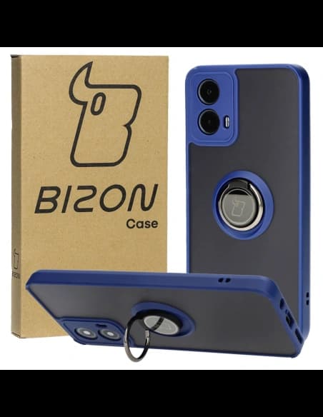 Etui s úchytem na palec Bizon Case Hybrid Ring pro Motorola Moto G34 5G kouřové s modrým rámem