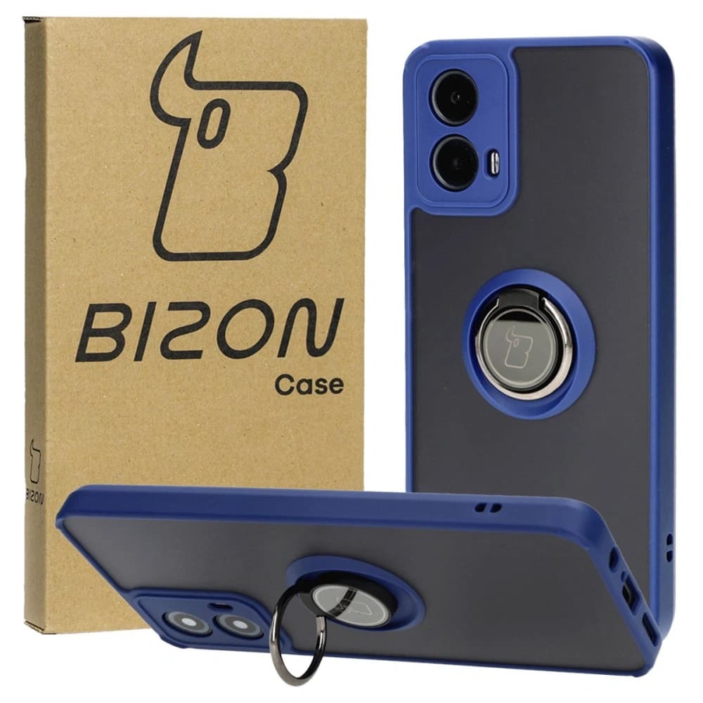 Etui s úchytem na palec Bizon Case Hybrid Ring pro Motorola Moto G34 5G kouřové s modrým rámem