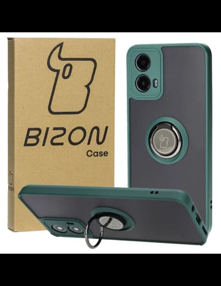 Etui z uchwytem na palec Bizon Case Hybrid Ring do Motorola Moto G34 5G kouřové s tmavě zeleným rámem