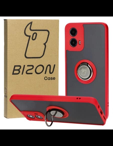 Etui s úchopem na prst Bizon Case Hybrid Ring pro Motorola Moto G34 5G kouřové s červeným rámečkem