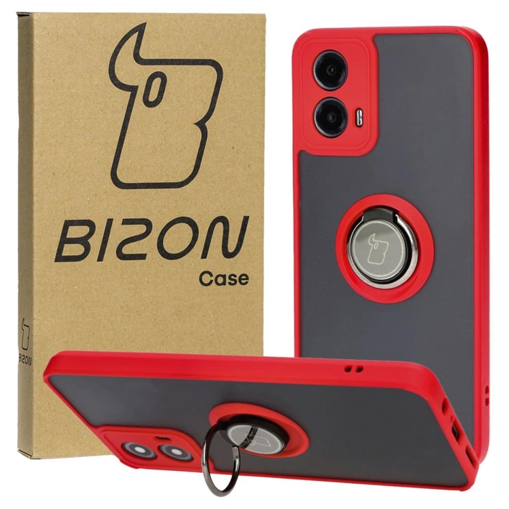 Etui s úchopem na prst Bizon Case Hybrid Ring pro Motorola Moto G34 5G kouřové s červeným rámečkem