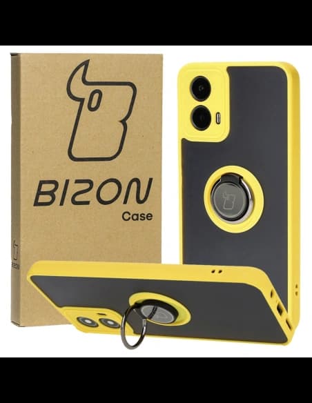 Etui s úchopem na prst Bizon Case Hybrid Ring pro Motorola Moto G34 5G kouřové s žlutým rámečkem