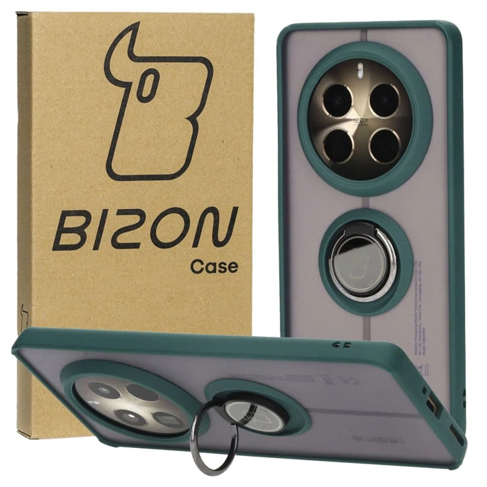 Etui s úchopem na prst Bizon Case Hybrid Ring pro Realme 12 Pro / 12 Pro+ kouřové s tmavě zeleným rámem